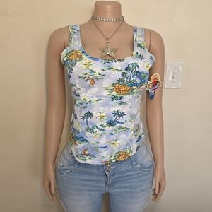 ☆Wave Zone Tropical Print Scoop Neck Tank Top - Blue/White☆